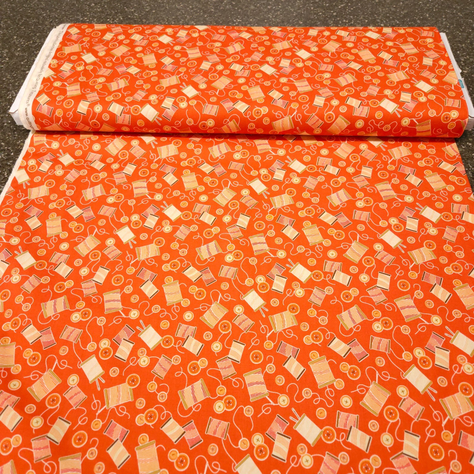 Sewing Mends The Soul BTY Angela Anderson Quilting Treasure Thread Button Orange