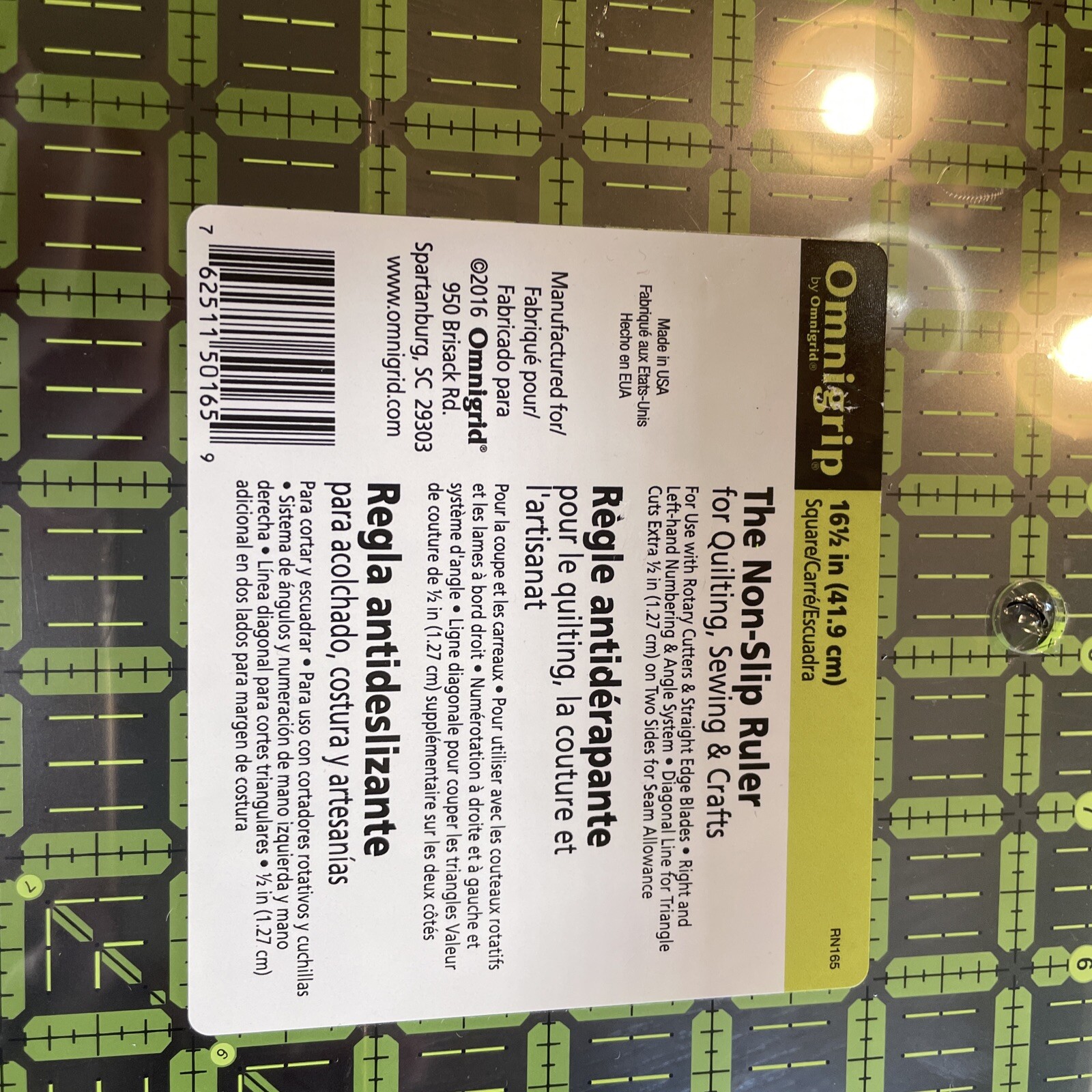 NEW! Omnigrid 16.5in Square Quilting Ruler 16-½” x 16-½” Green, RN165