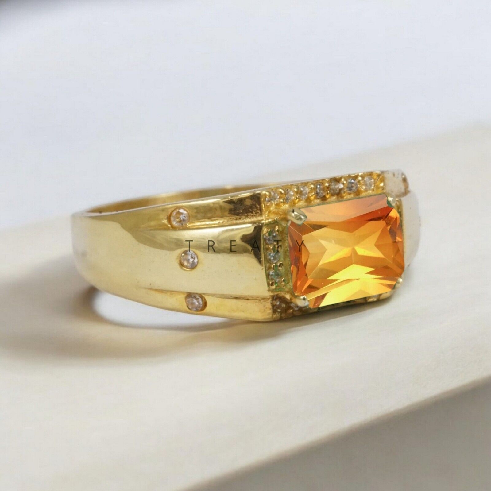 Citrine Emerald Cut With 14k Yellow Gold Ring For Men’s #873 #