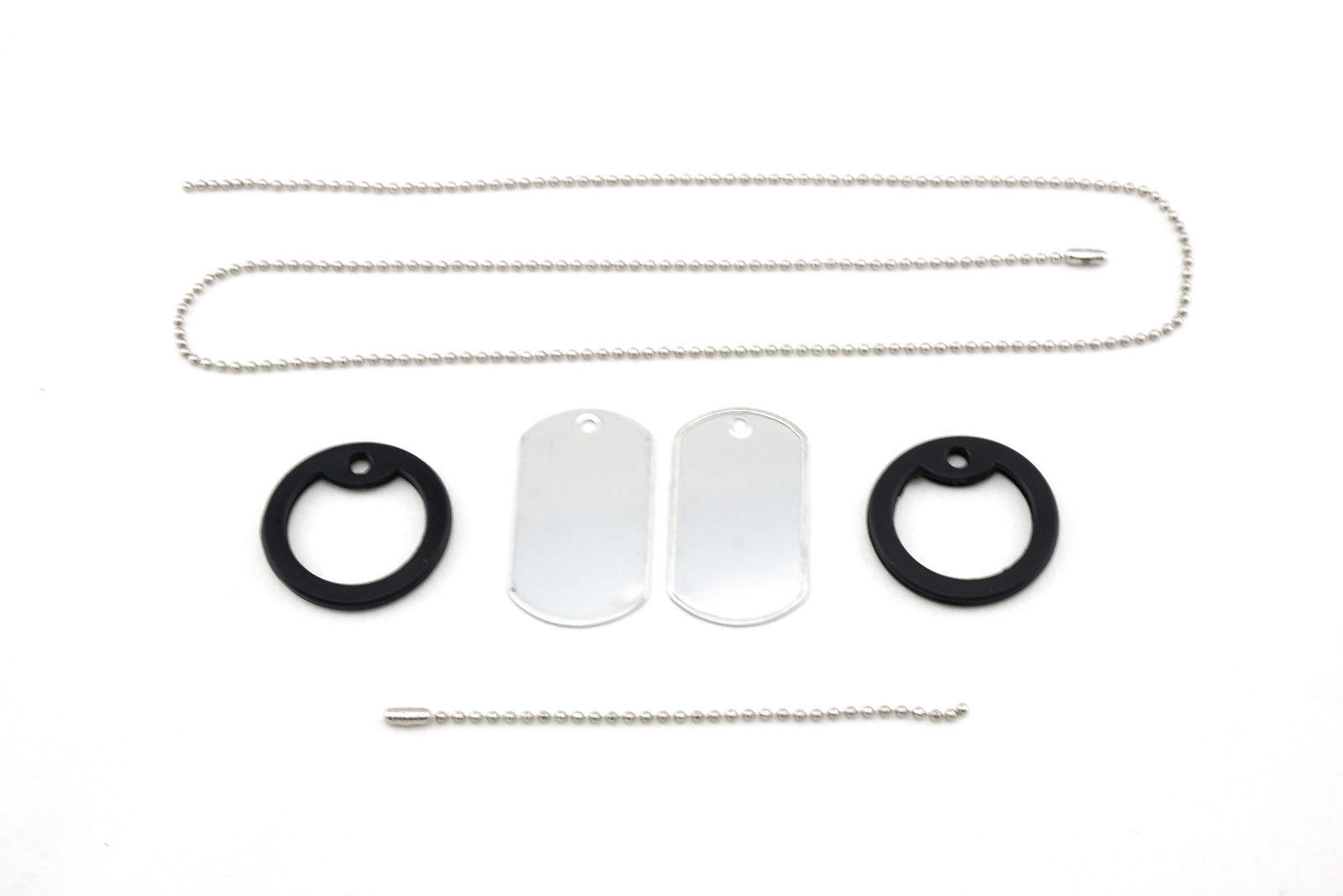 100 Stainless Steel Military Dog Tags + 27″&4.5″ Ball Chains + Black Silencers