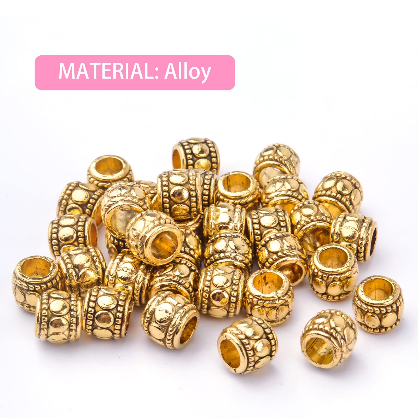 100pcs Antique Gold Large Hole Spacer Beads Tibetan Alloy European Barrel Bea…