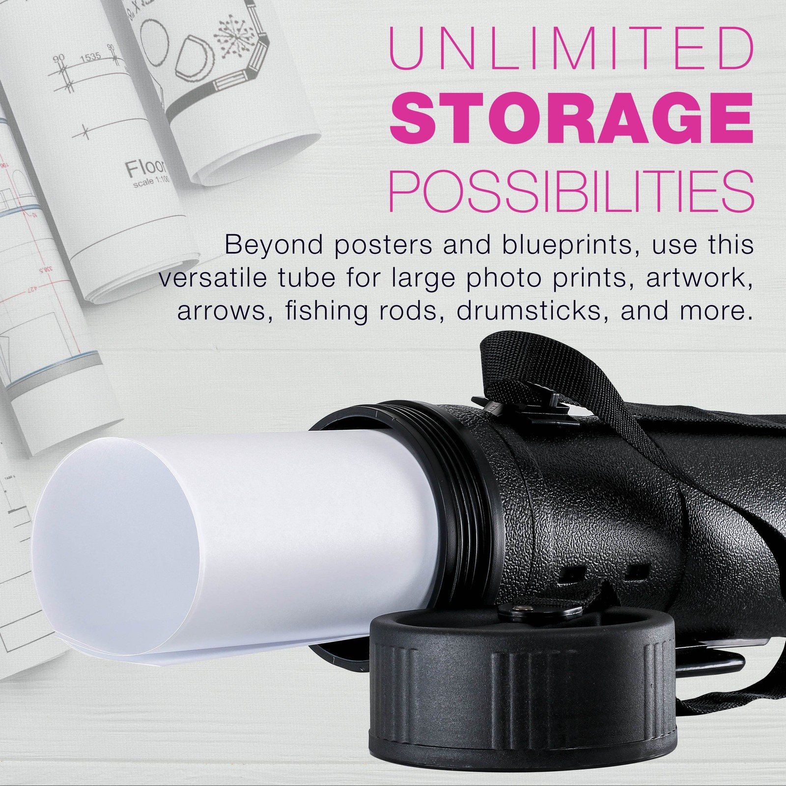 Drafting Drawing Poster Tube EXTRA-LARGE Black Diameter: 7-1/4″, Len: 42 to 62″