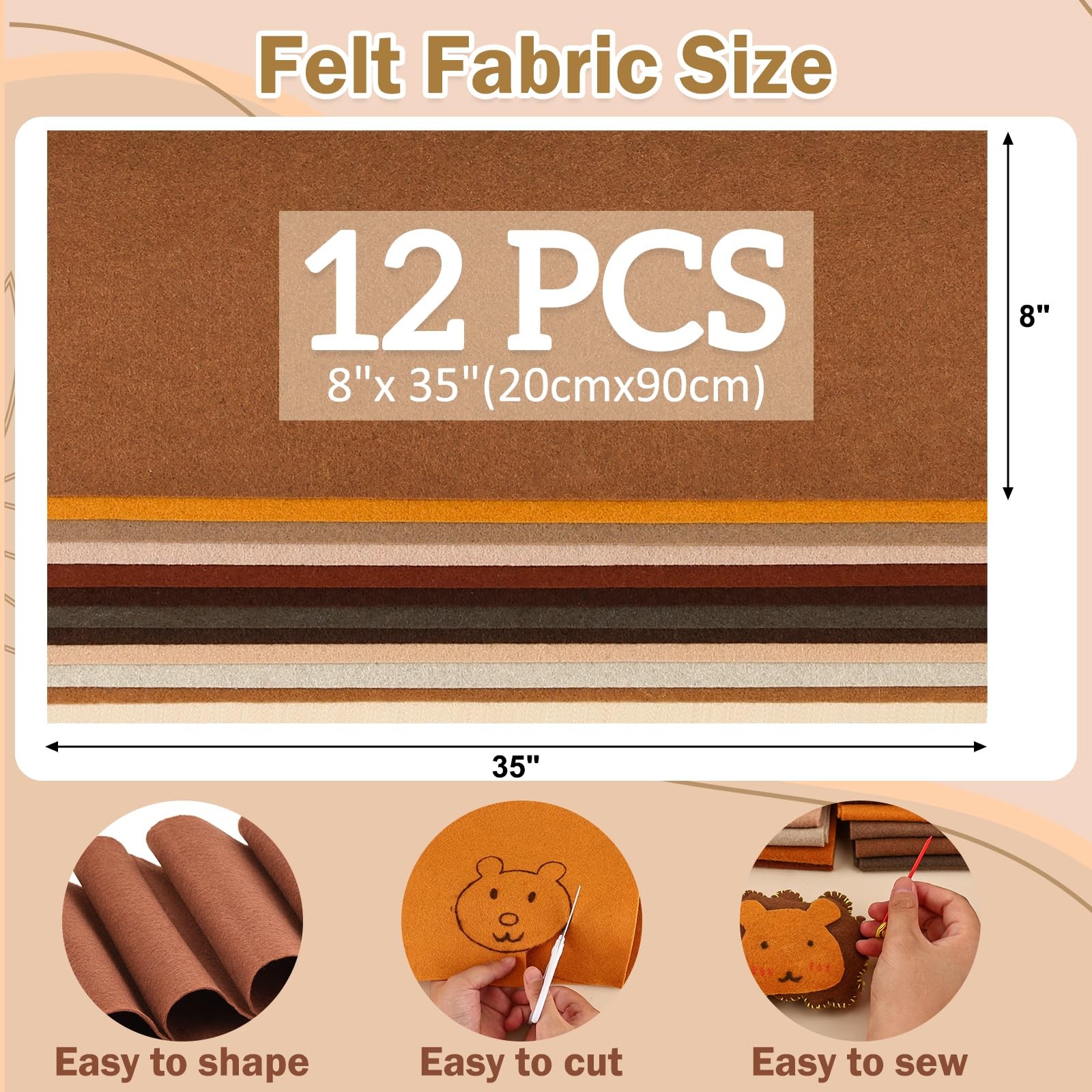 12 Rolls 8″x35″ Soft Felt Fabric Sheets 1.4mm Thick 12 Assorted Brown Colors