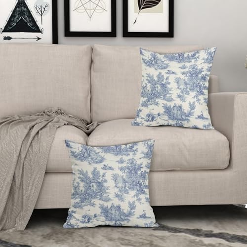 Blue Toile Pillow Covers 18×18 Inch 18″ x 18″ (Pack of 2) French Country Blue