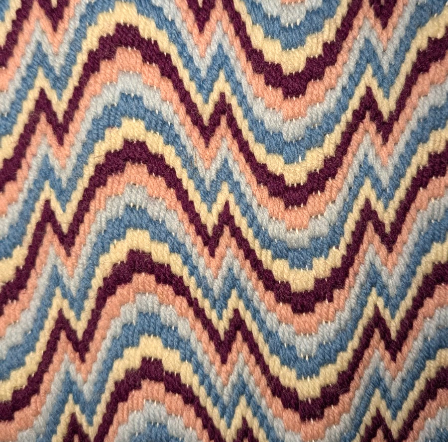 Vtg Bargello Finished Needlepoint 32″ x 16″ Blue pink violet white abstract (D5)