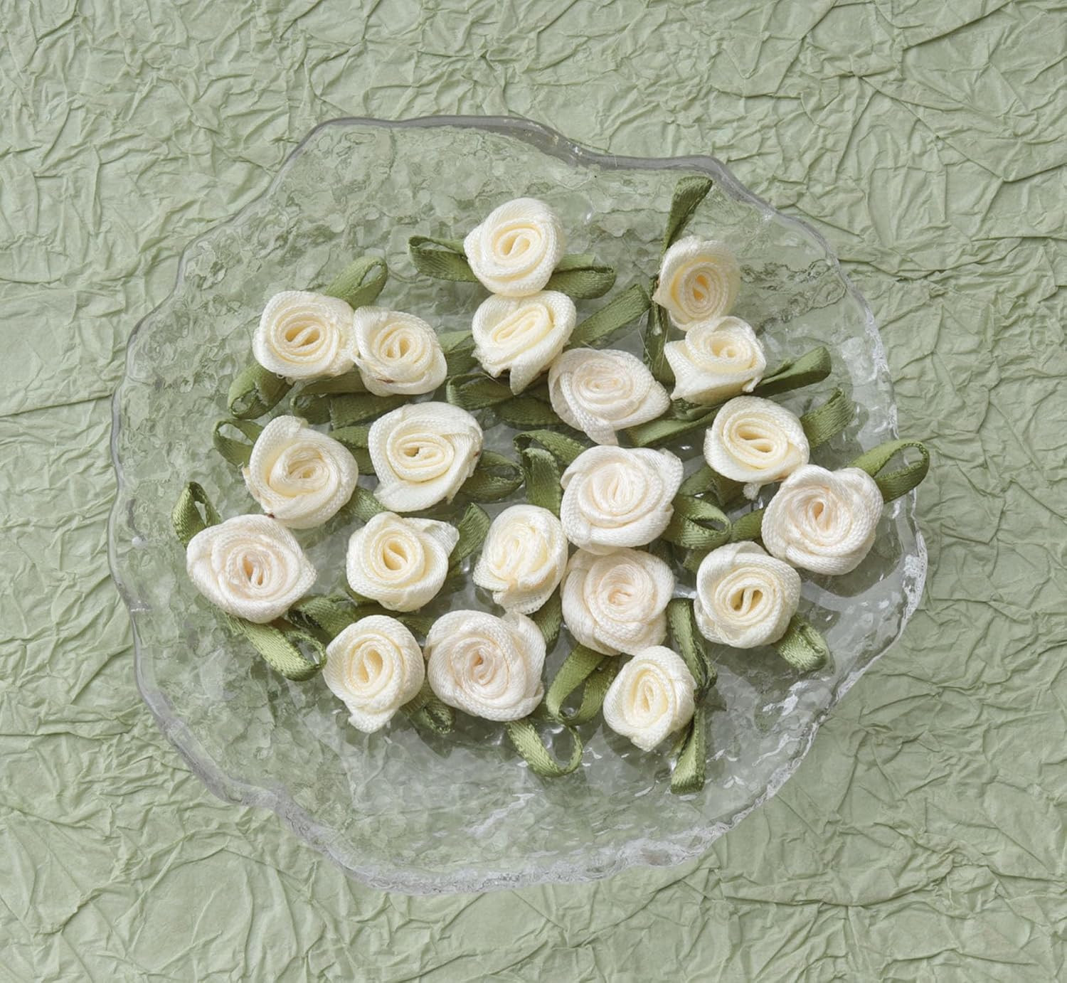50 Pcs Satin Roses with Green Leaves Mini Cute Ribbon Bows Fabric Artificial Flo