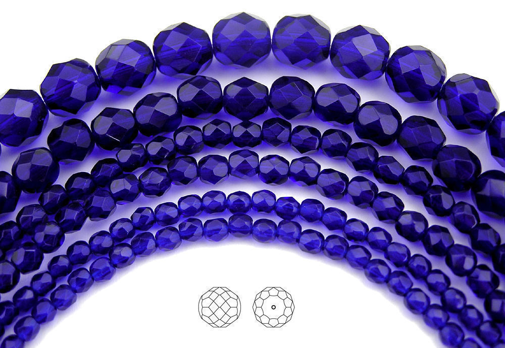 Czech Fire Polished Round Faceted Glass Beads Cobalt Blue, 16″ strand, navy blue