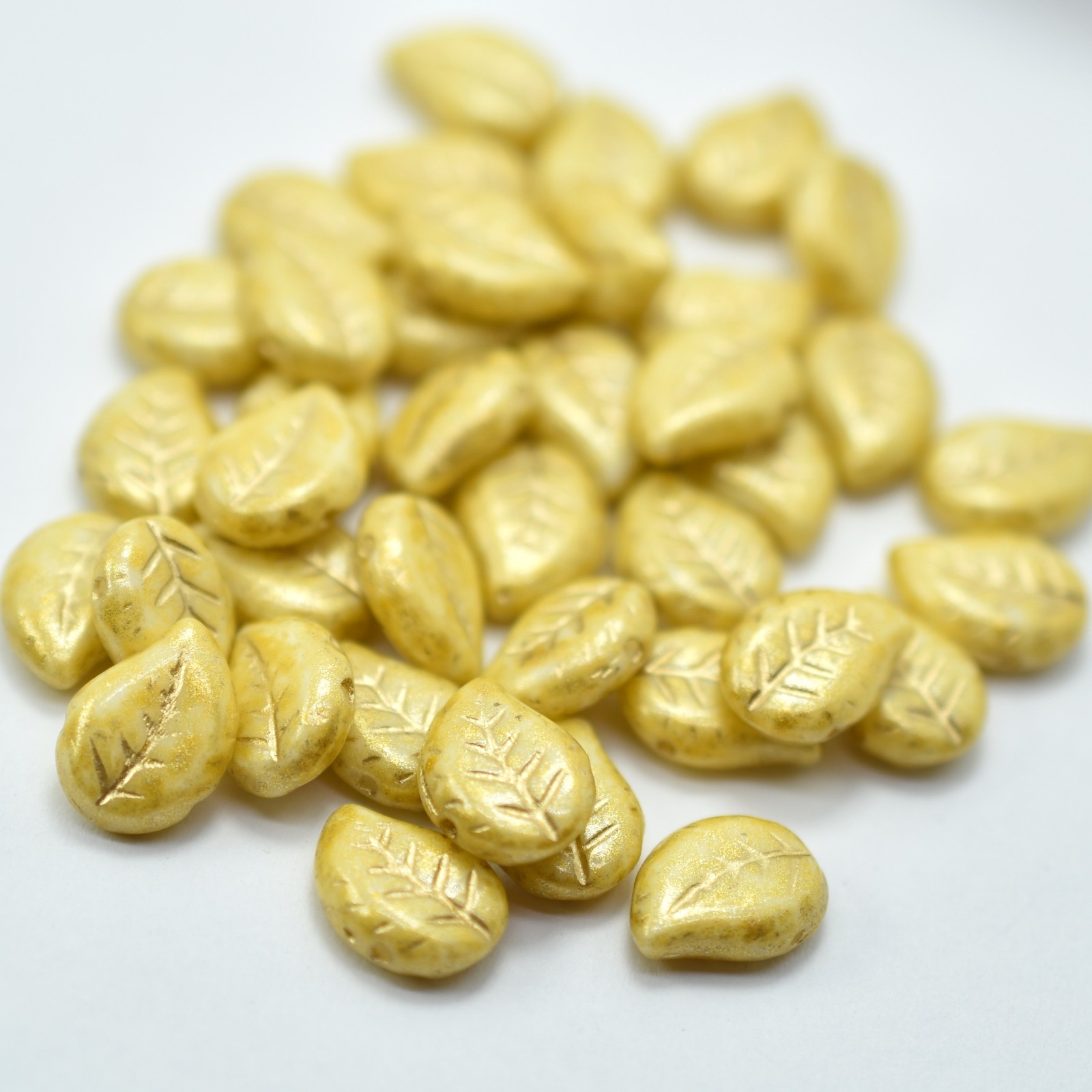12x9mm Leaf Light Yellow Gold Shimmer, 15 Beads Czech Glass