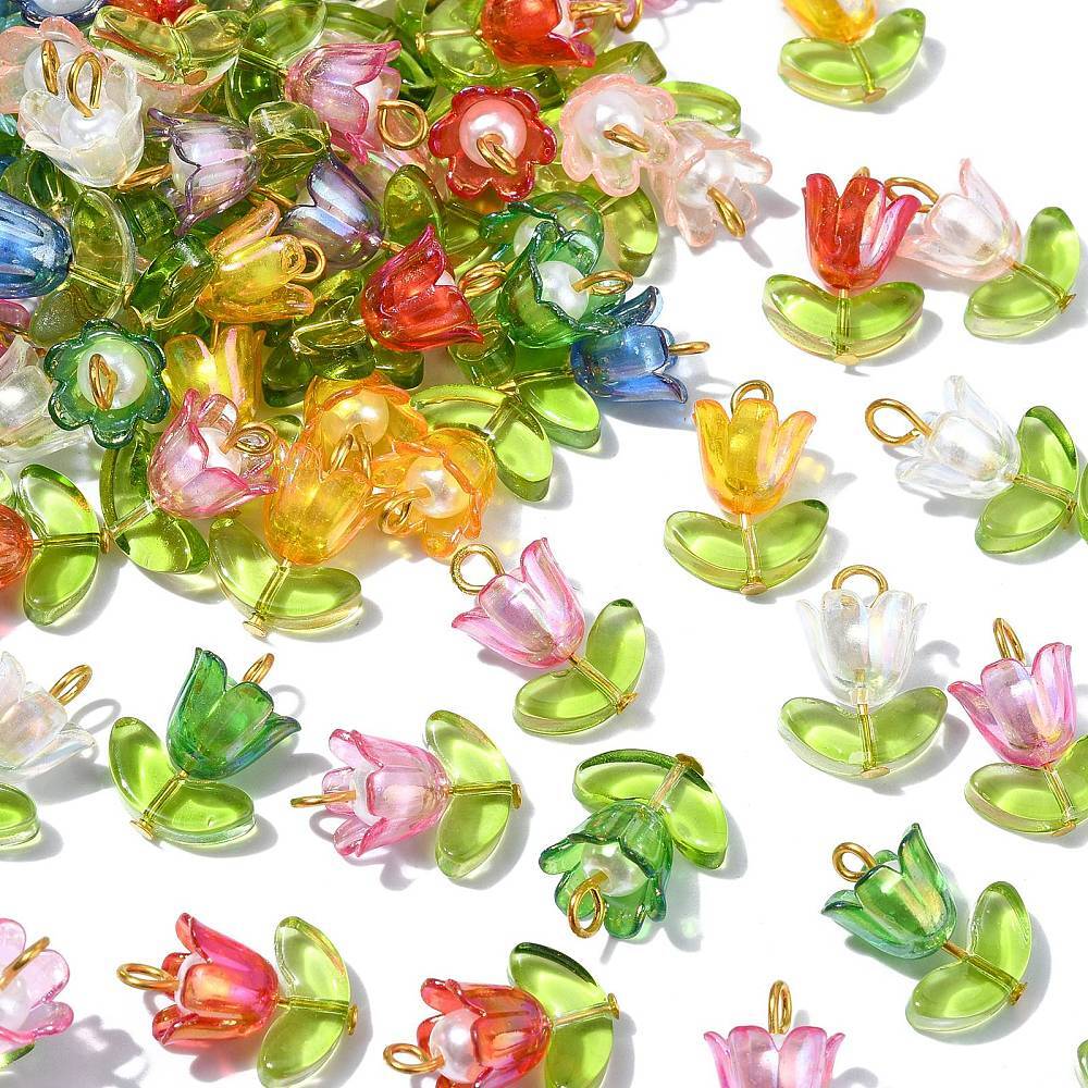 90x Handmade Acrylic Flower Charms Tulip Pendants w/Glass Leaf Charms for DIY