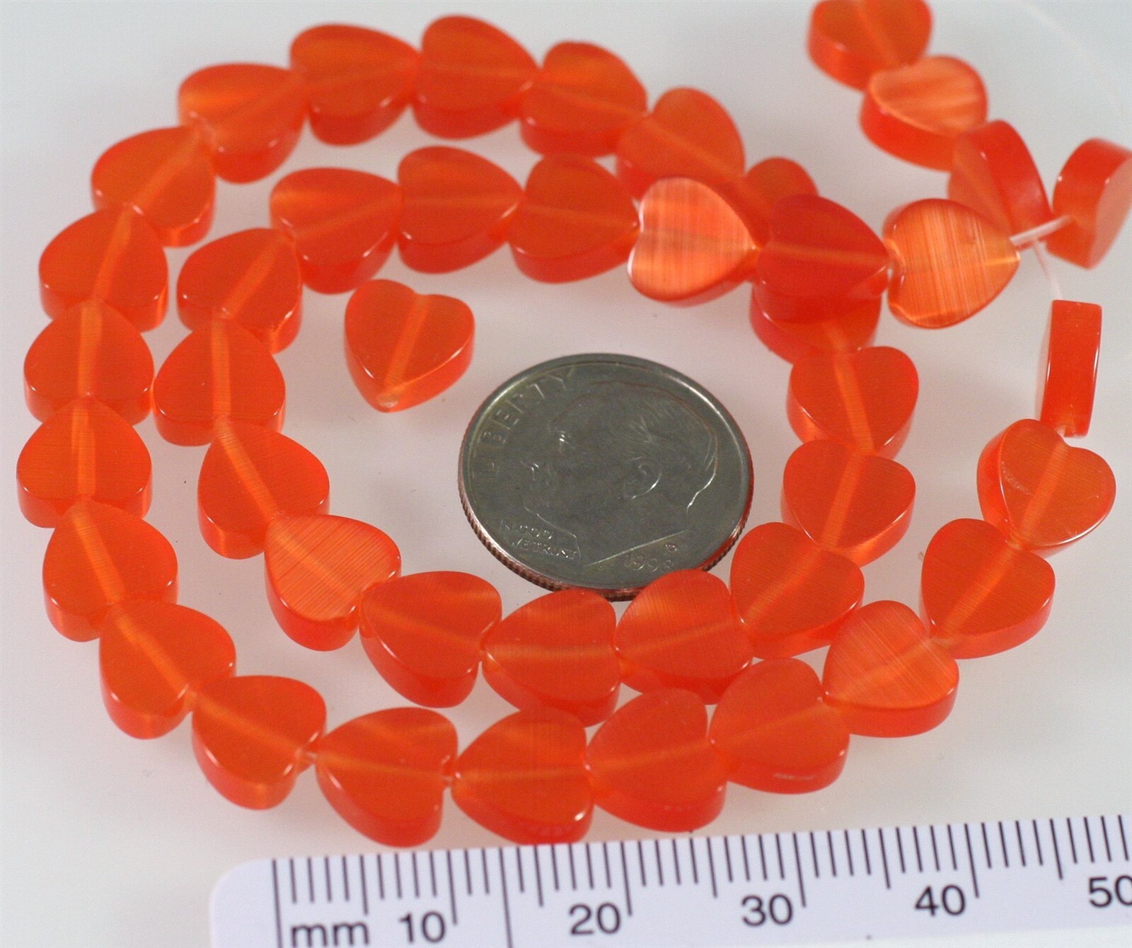 Dark Orange Cat’s Eye Fiber Optic Glass 8x8mm Flat Heart Beads 1 Strand(50) *