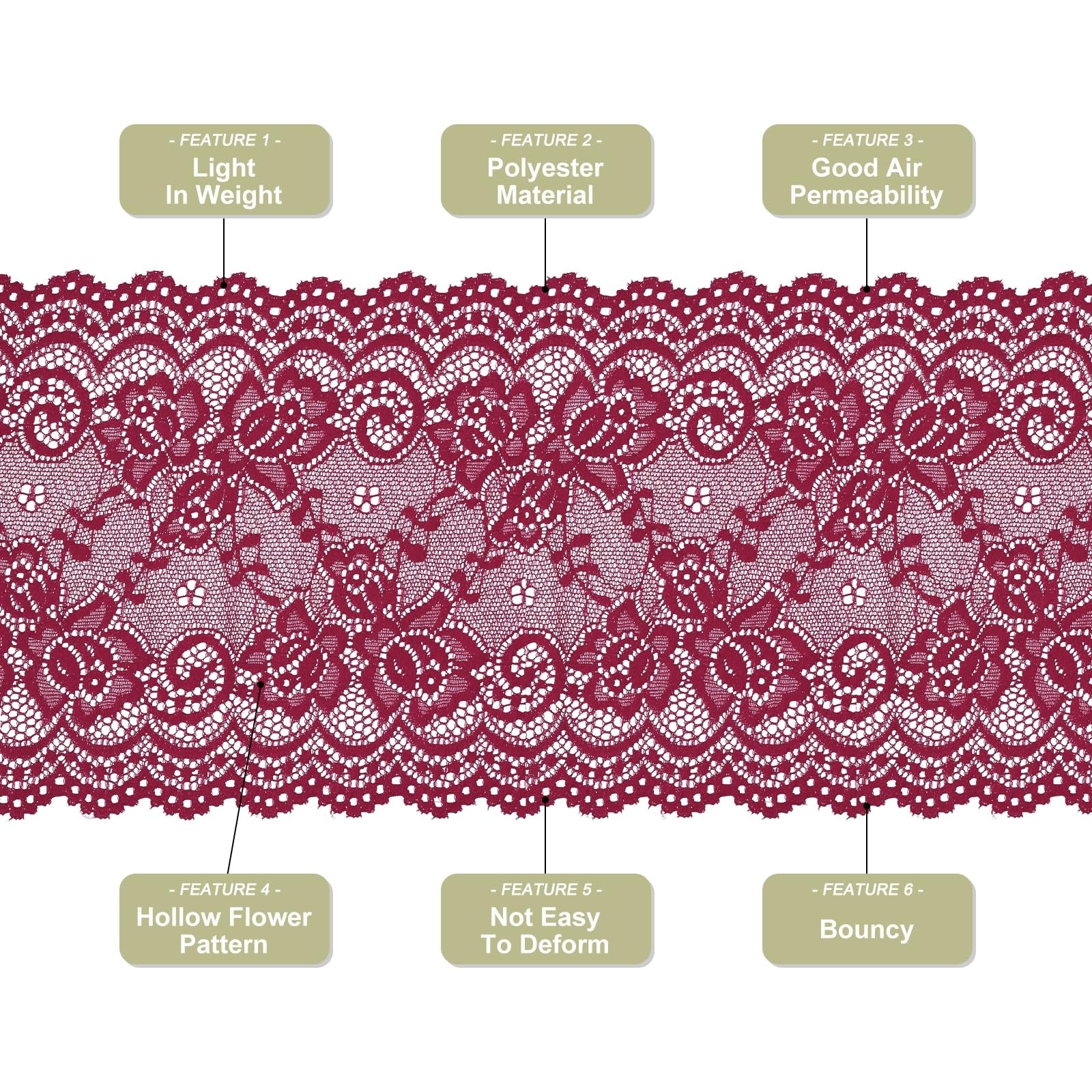 MECCANIXITY 6 Inch Wide 5 Yard Lace Ribbon Floral 5 Yard, Burgundy Red