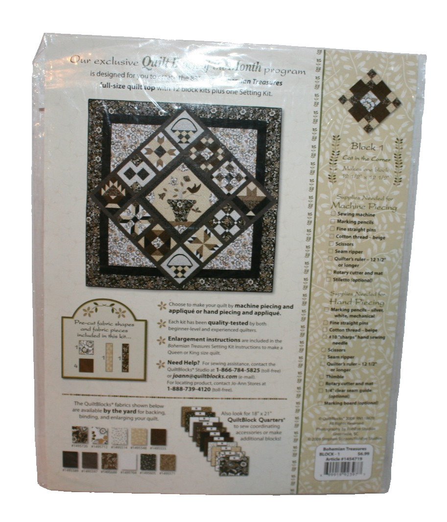 NEW 2009 Quilt Block of the Month JoAnn Fabrics Bohemian Treasures Block 1