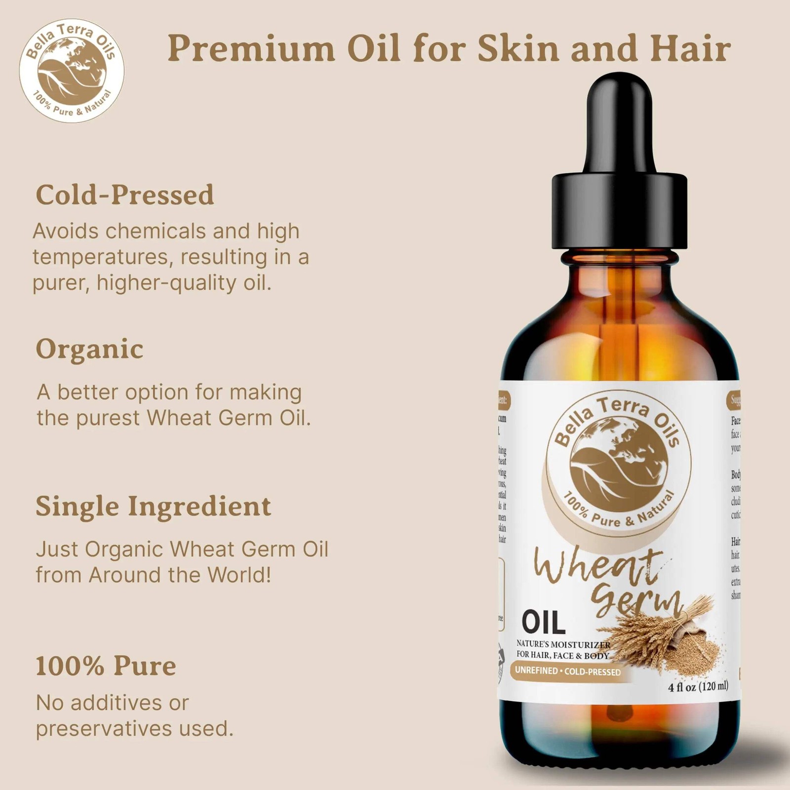 Organic Wheat Germ Oil 8oz – Pure, Cold-Pressed, All-Natural Oil for Beauty & We