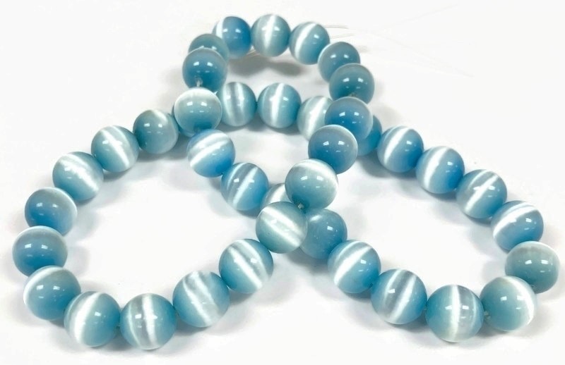 38 Cat’s Eye Fiber Optic Glass Turquoise 10mm. Smooth Round Beads 2592