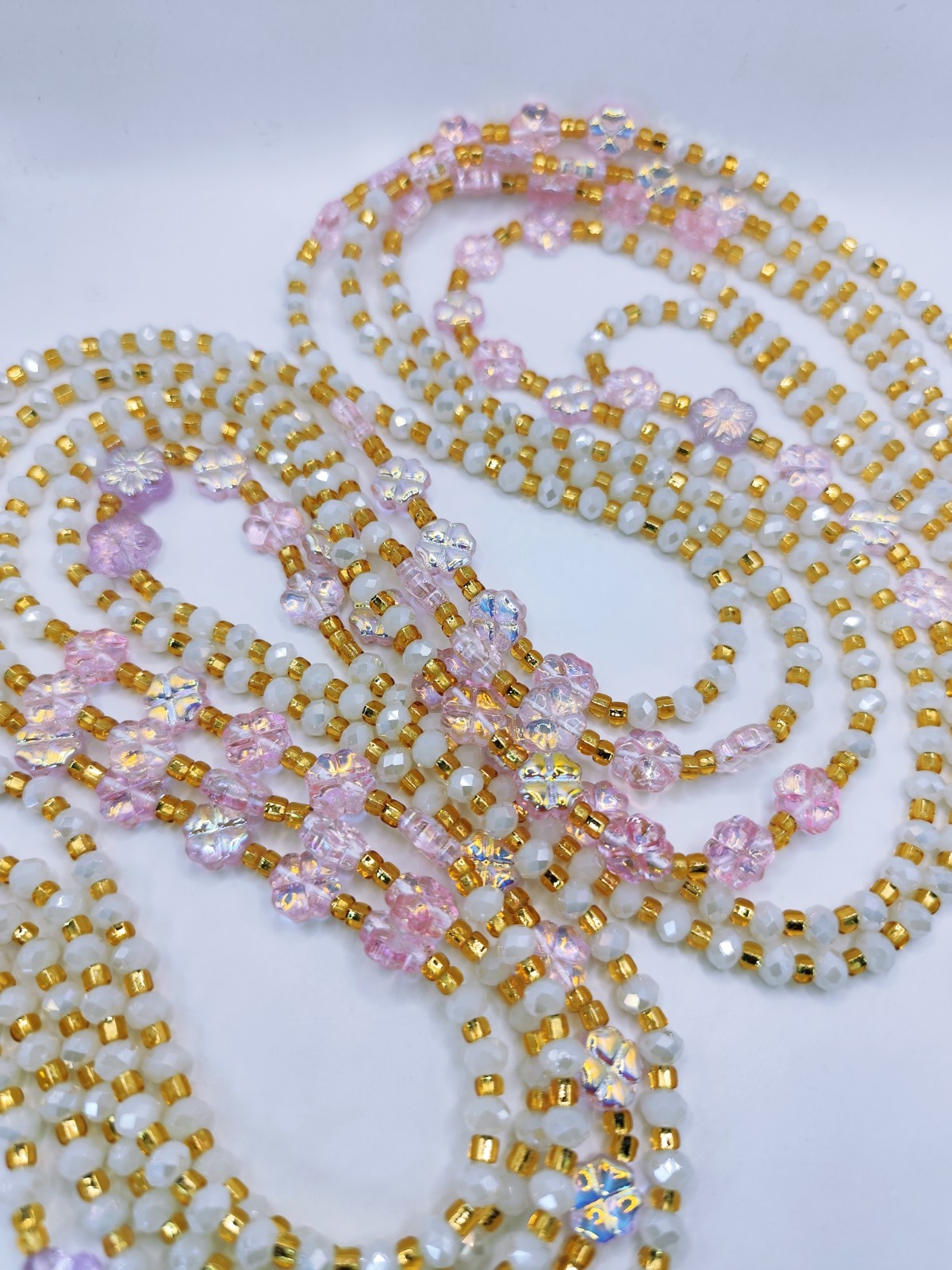 Gold Pink Flower Crystal Waistbeads Tie On 50 Inches Body Jewelry For Daily Use
