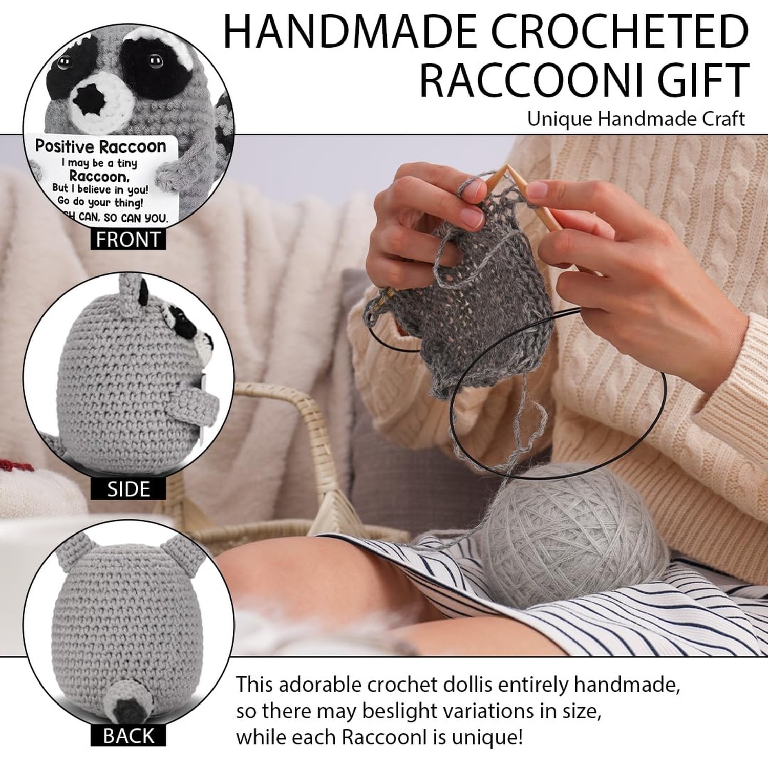 Positive Crochet Animals Raccoon Decor Emotional Supporting Raccoon Gifts for…