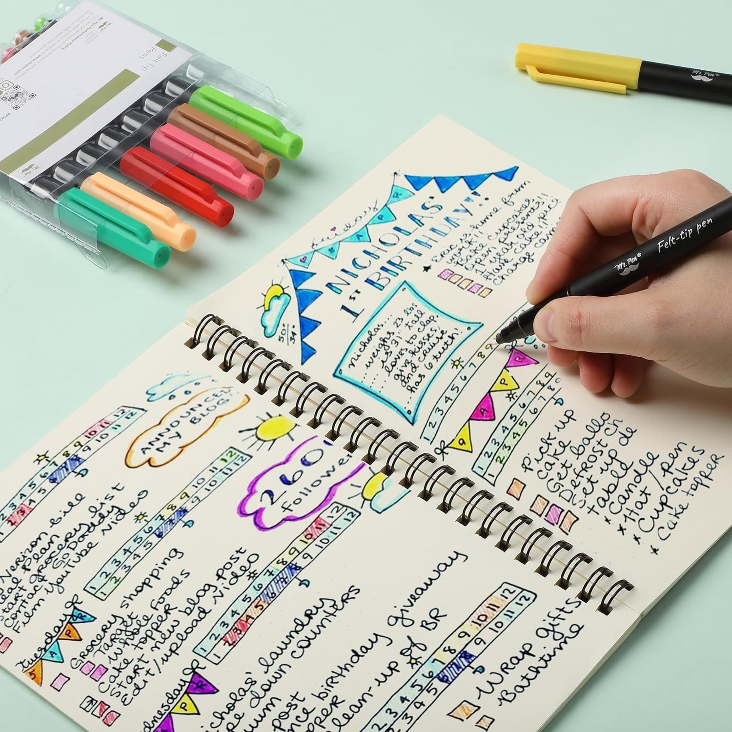 Ergonomic 0.7mm Fine Tip Markers | Set of 8 Colorful Felt Pens for All Ages