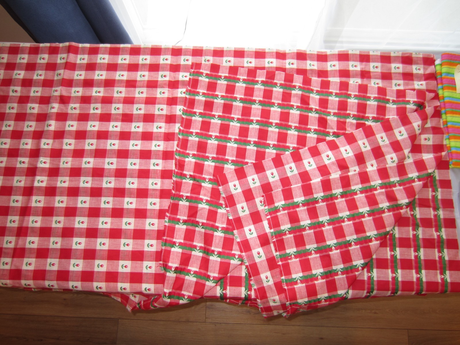 Old Estate Find – Fabric & Lace LOT – Red Gingham Tulip Print Rainbow Stripe
