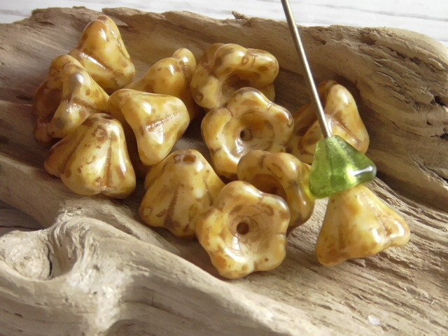 12 – 8x6mm CZECH OPAQUE ALABASTER ORANGE PEBBLE PICASSO 5 PETAL BELL FLOWER BEAD