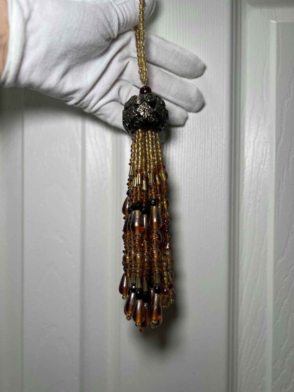 Amber glass gold tones warm Color Heavy Beaded Tassel Holiday ornament rich 7″