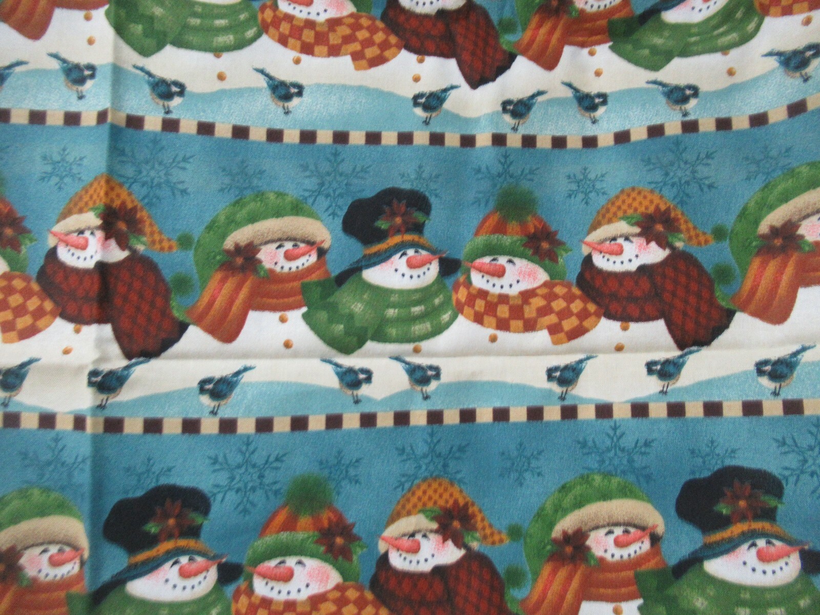 Cranston VIP Fabric SNOWMAN ALLOVER Angela Anderson BLUE MULTI VTG. 25″x43″ W