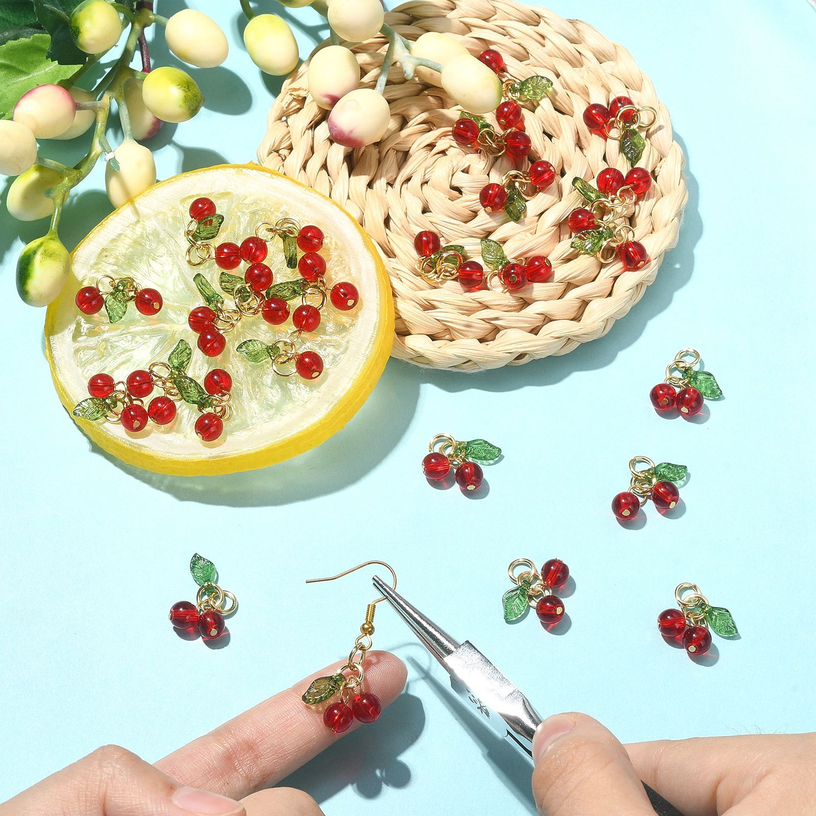 30x Glass Acrylic Cherry Charms Pendants for DIY Jewelry Making Supplies