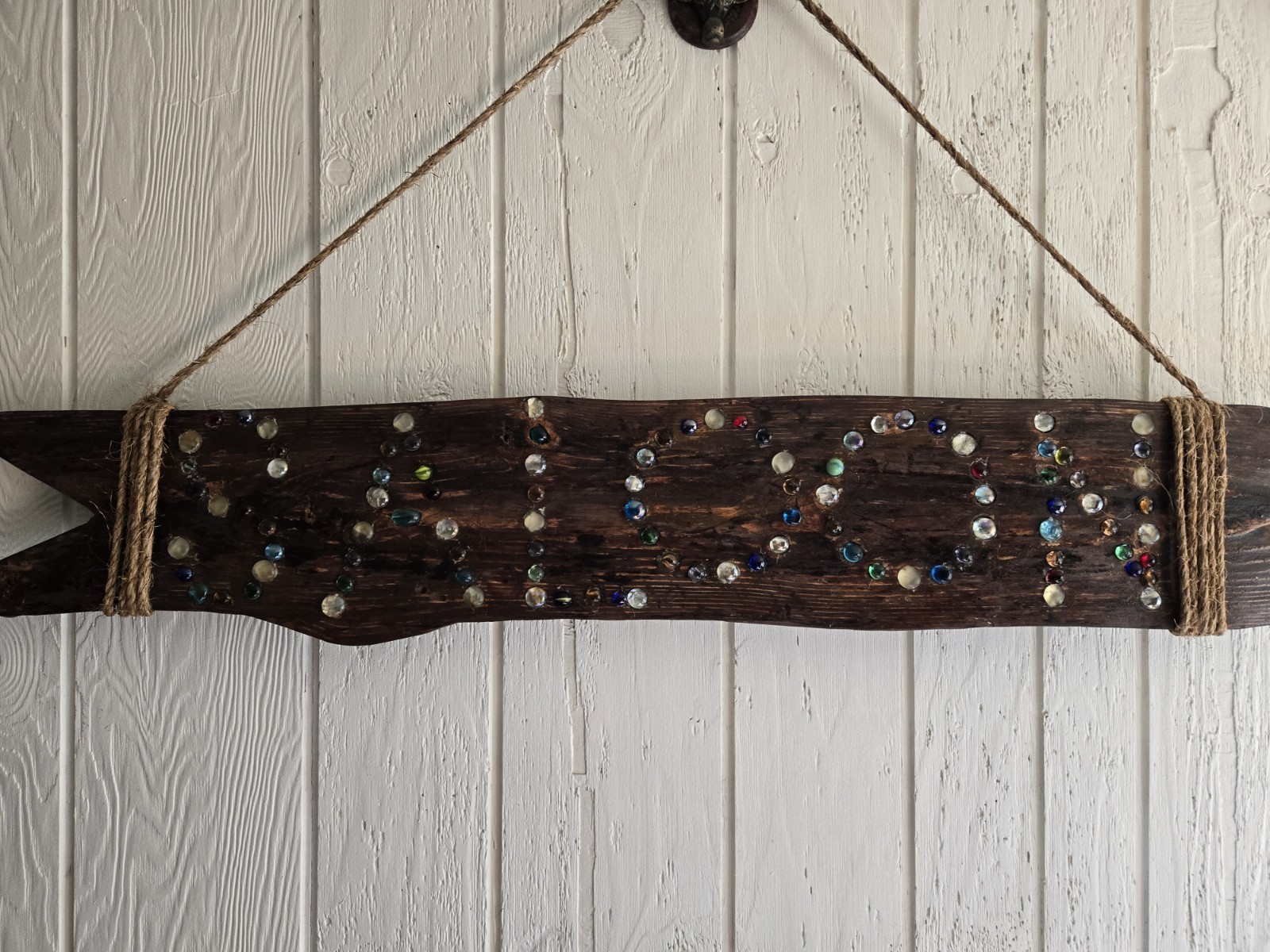 Handcrafted Wooden Arrow Saloon Sign Wall Hanging with Glass, Marbles,