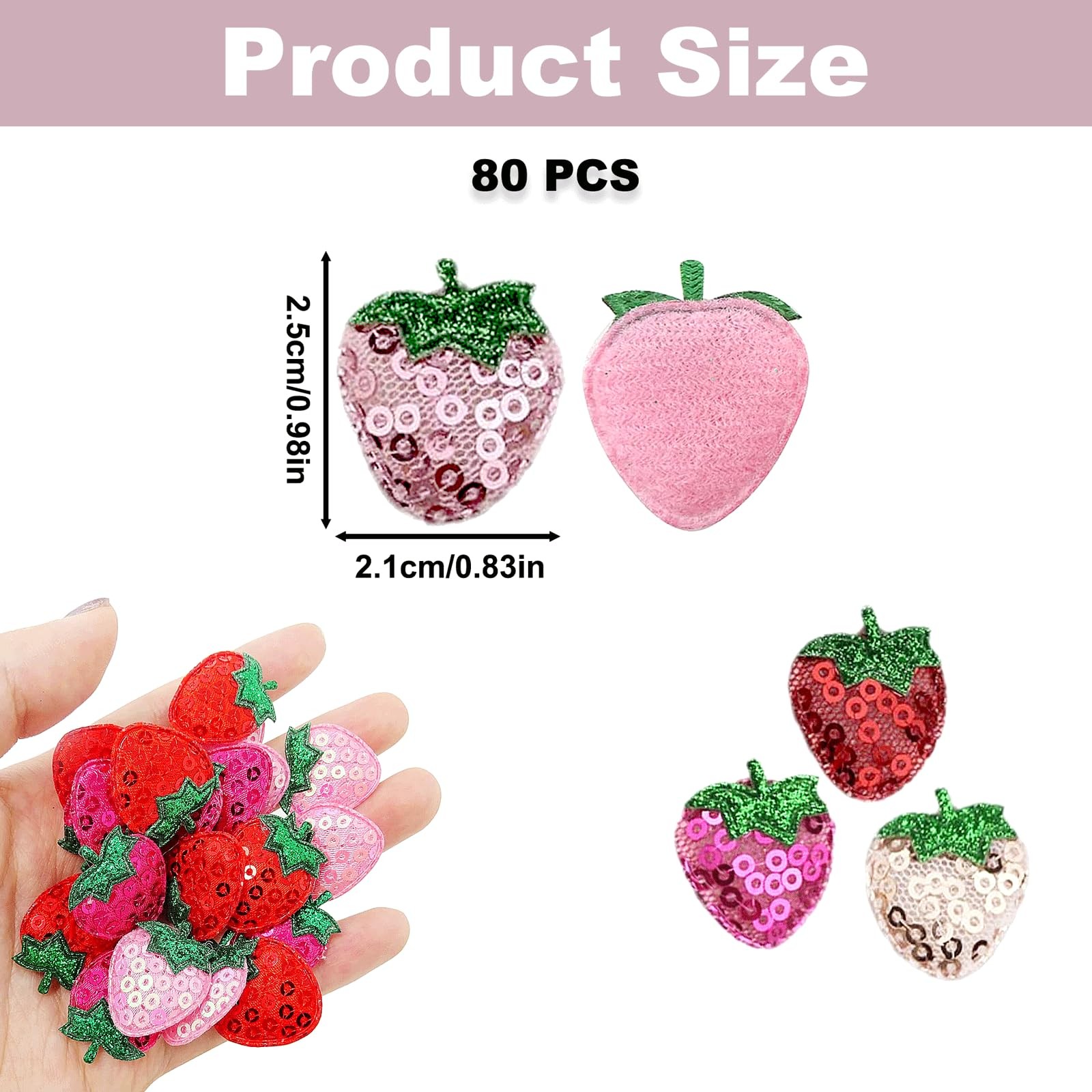 80PCS Strawberry Padded Sequins Patches, Pink Glue on Embroidered Appliques, Fru