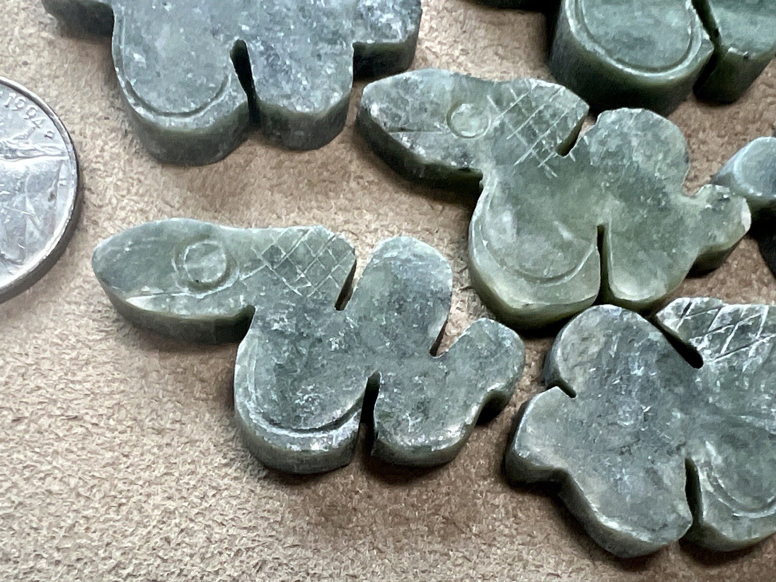 10 Carved Green Stone Snake Pendants No Hole New Old Stock Lot Jewelry Making
