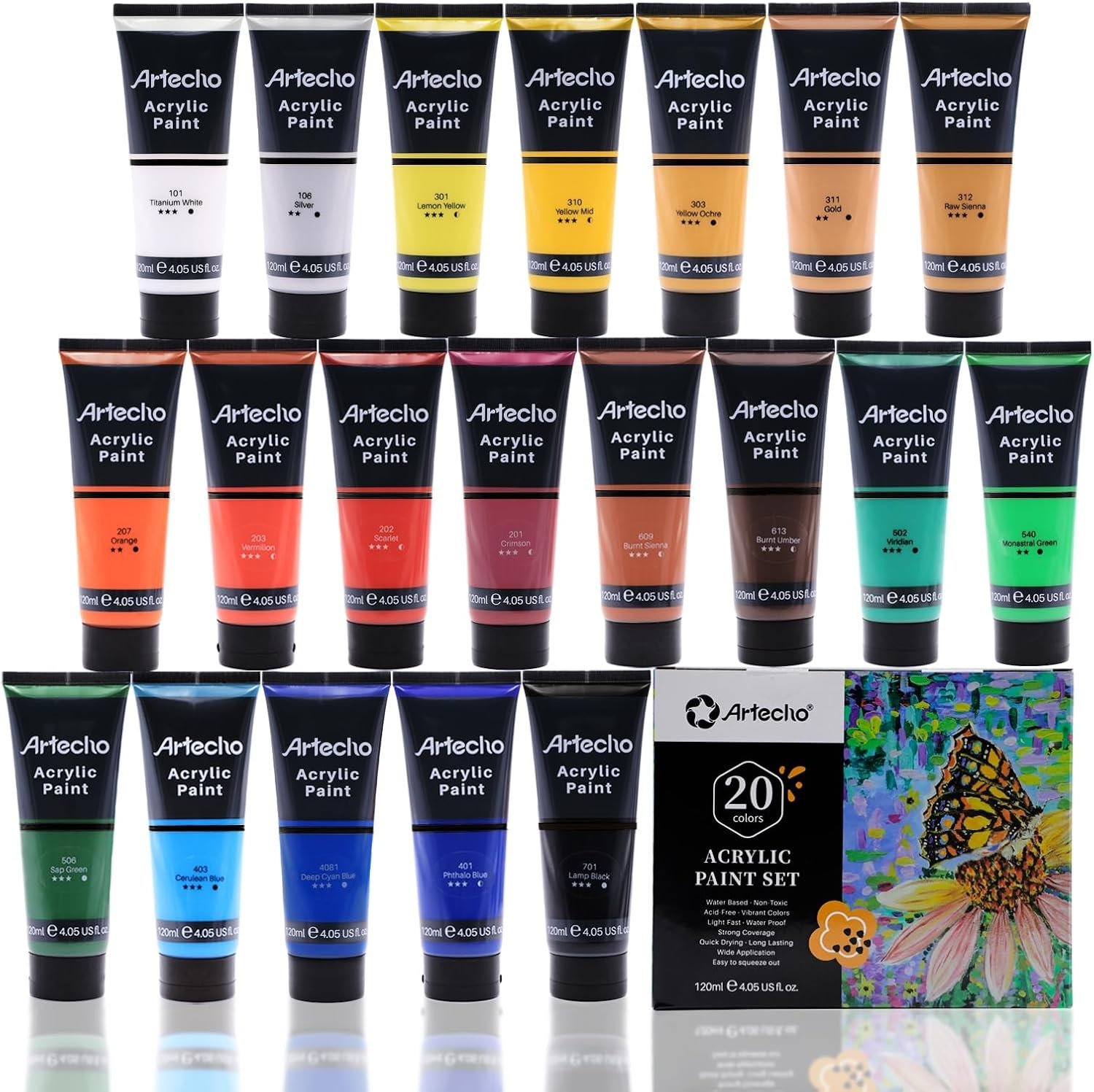 Non-Toxic Acrylic Paints – 4.05oz Tubes, 20 Colors