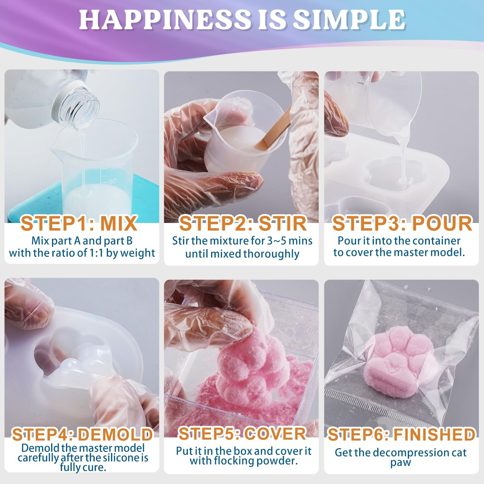 Super Soft Flex Rubber Gel for Squishy Maker, 16oz with Paw Molds & Flocking Pow