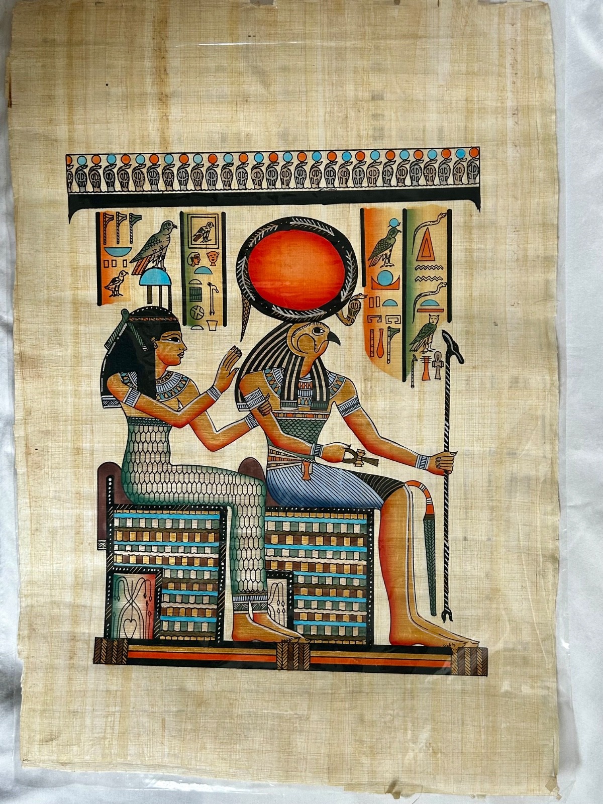Egyptian Papyrus Paper Hand Painting Goddess Isis Horus 25″X17″