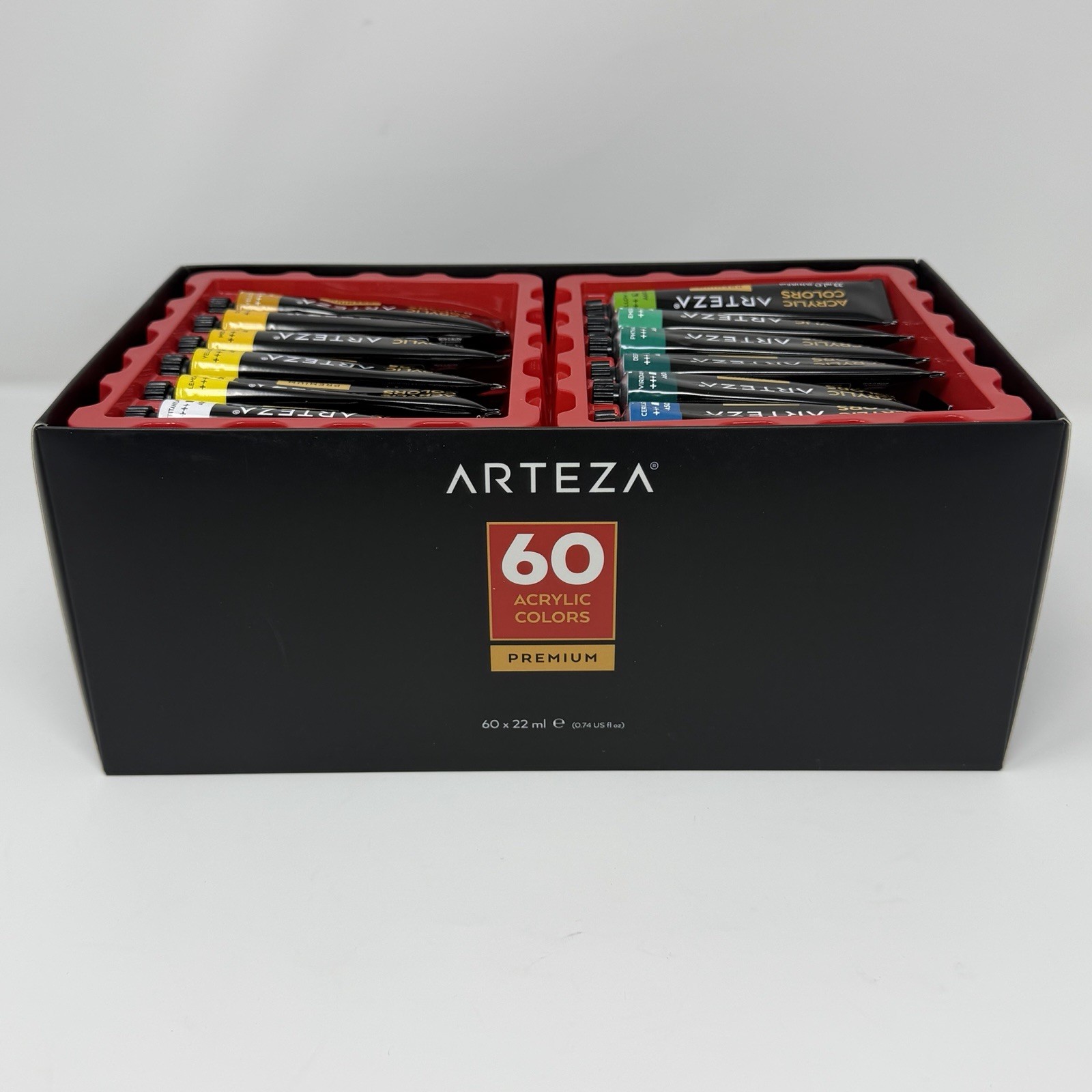 Arteza Acrylic Paint, Set of 60 Colors/Tubes (0.74 oz, 22 ml) with Storage Box
