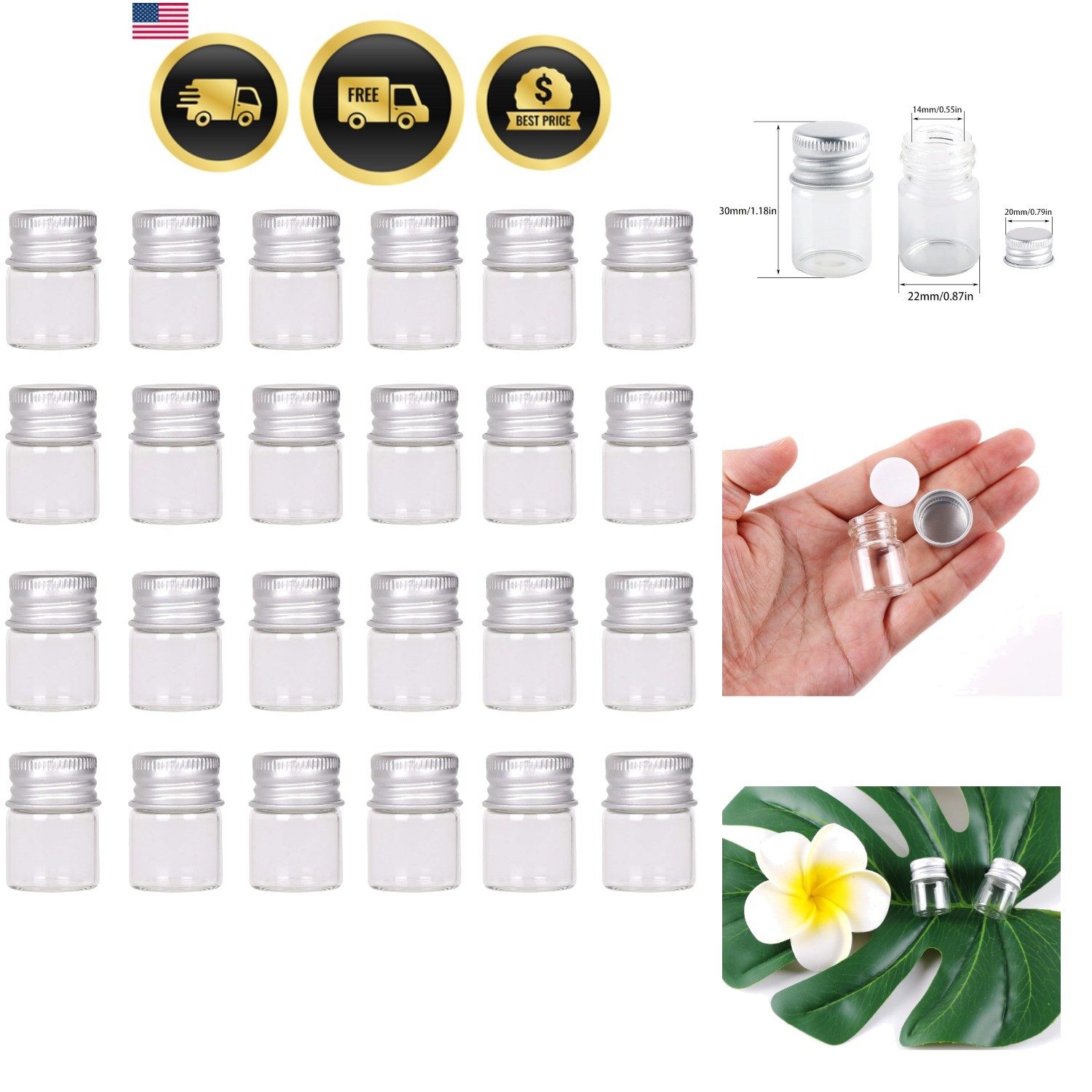 Mini Glass Bottles with Screw Caps 5ml 24 Sets Aluminum Top Metal Lids 5 Mill…