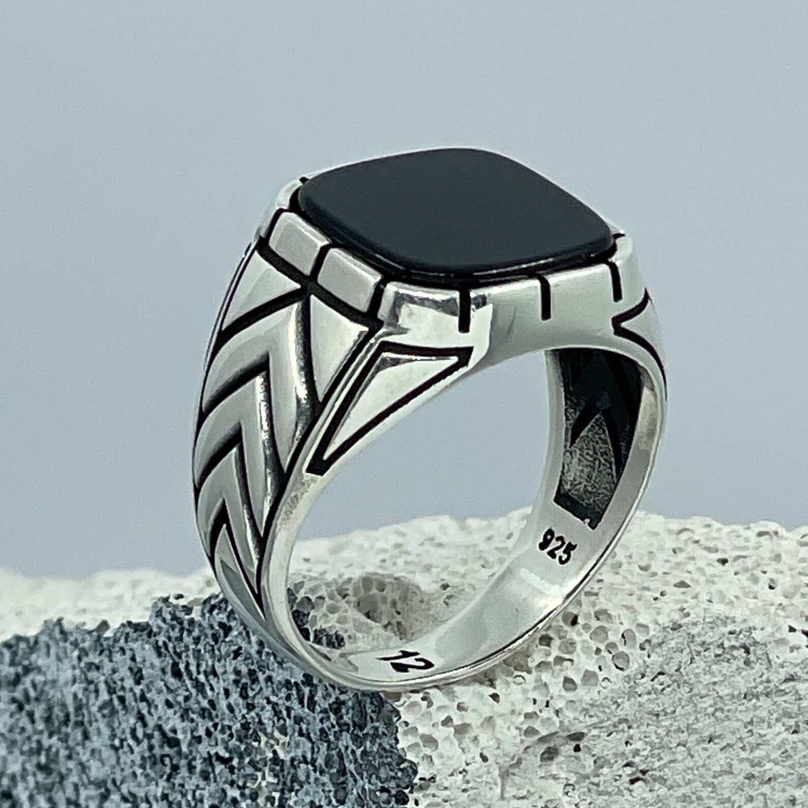 Cushion Black Onyx Men’s Ring, Chevron Arrow Design, Vintage Punk Gothic Stateme