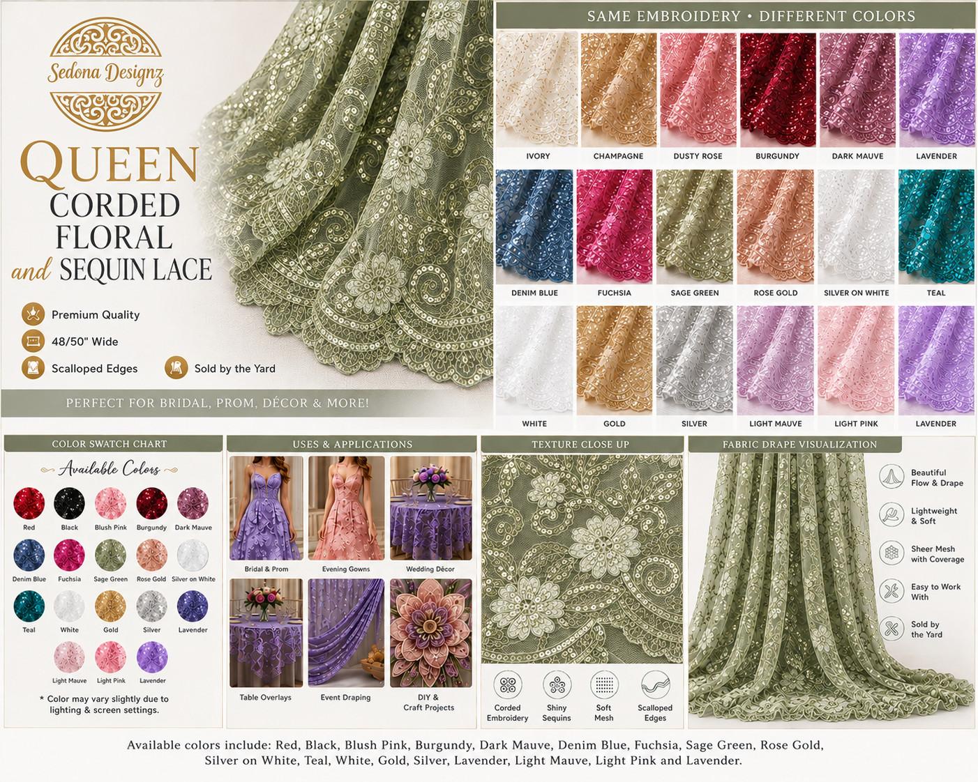 48/50″ Wide Corded Queen Floral Lace Mesh Embroidered Fabric with Sequins