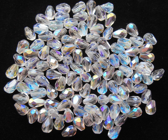 7mm x 5mm Crystal AB Faceted Fire Polished Teardrop Glass Beads (100)