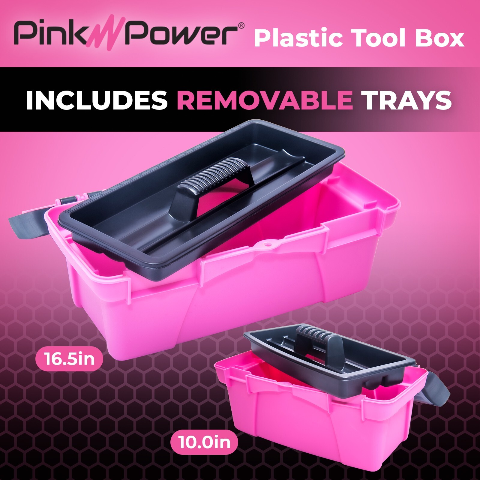 Pink Power Pink Plastic Tool Box for Women – 16″ & 10″ Portable