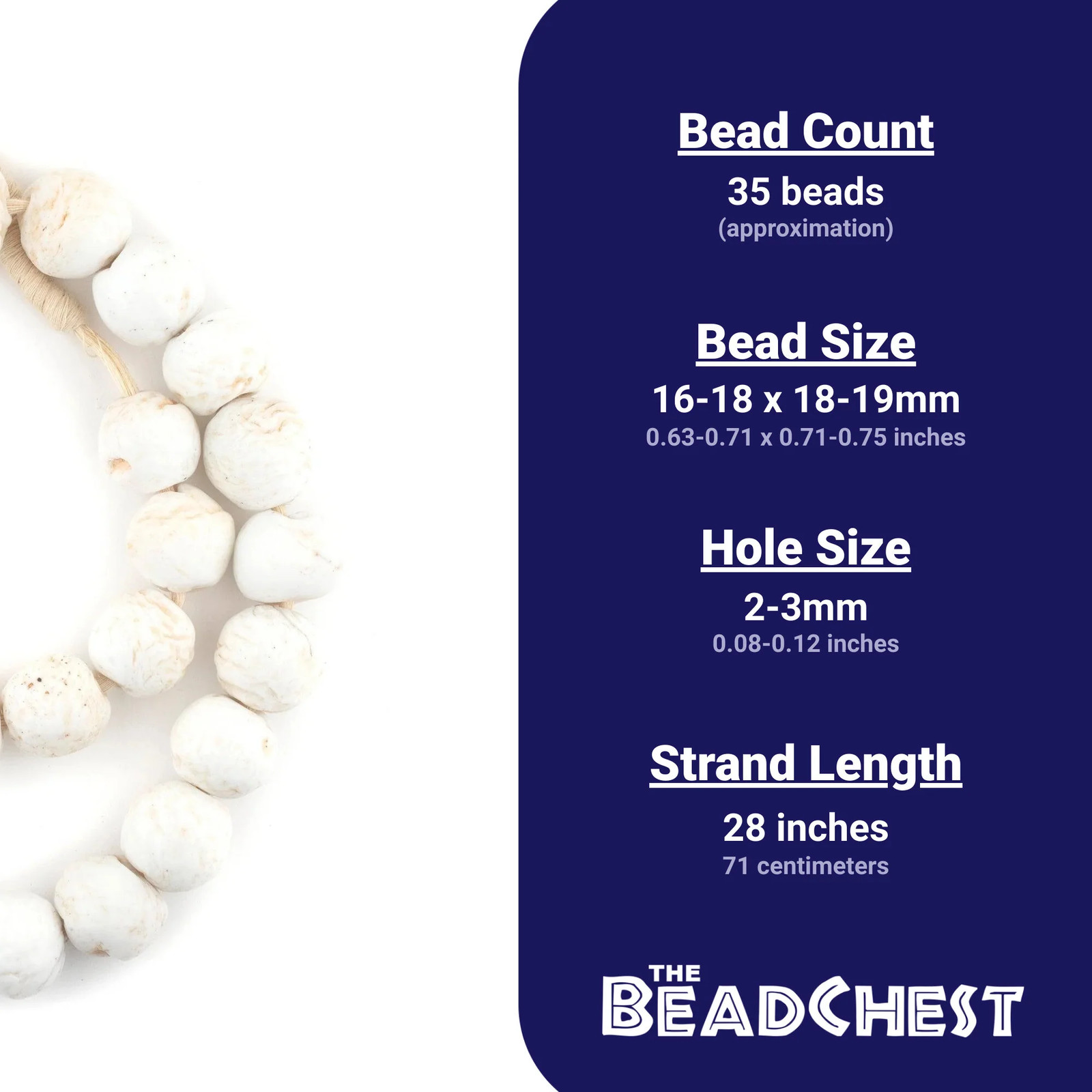 Rustic Opaque White Recycled Glass Beads 18mm Ghana African Sea Glass Round
