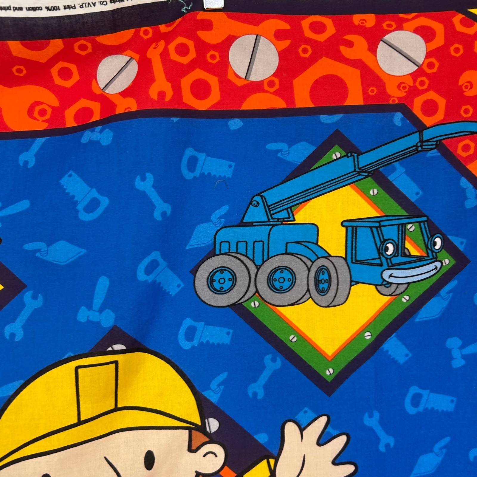 Cranston Print Works Bob the Builder Fabric Panel Kids OS Blue 2002 Vintage Y2K