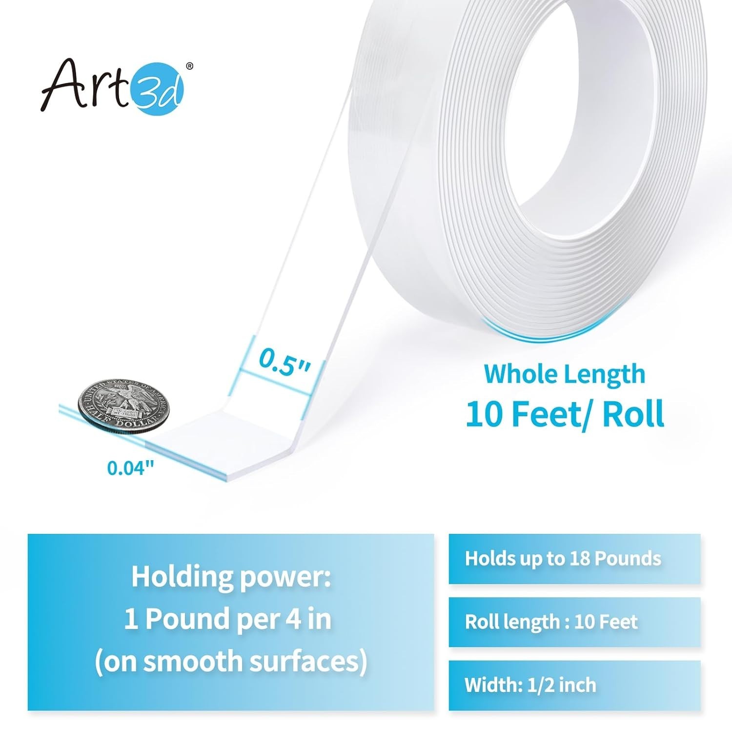 Art3d Double Sided Mounting Tape 10FT Clear Removable Adhesive Foam Household US