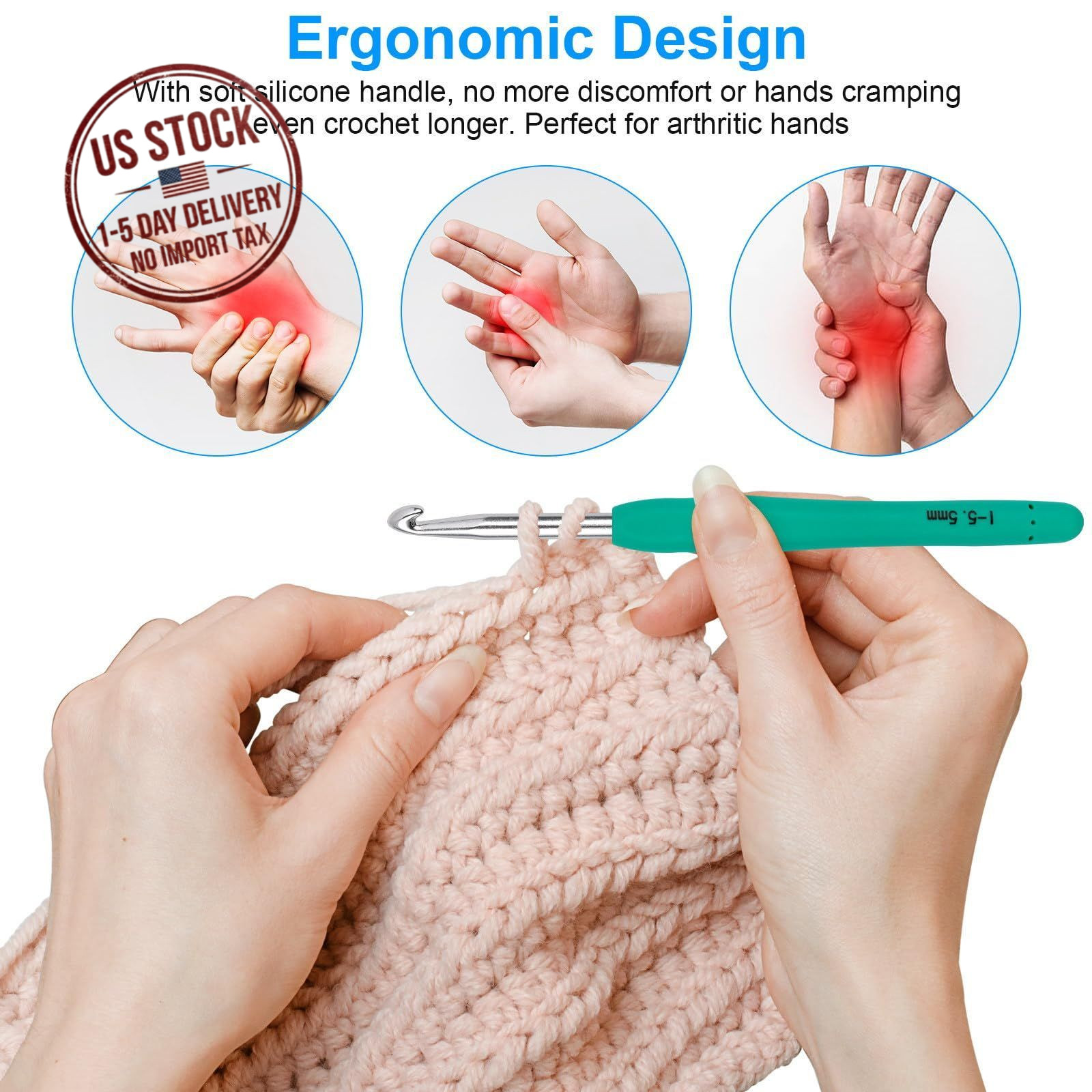 51PCS Crochet Hook Set 12 Sizes Yarn Needles Kit Ergonomic Handle Case