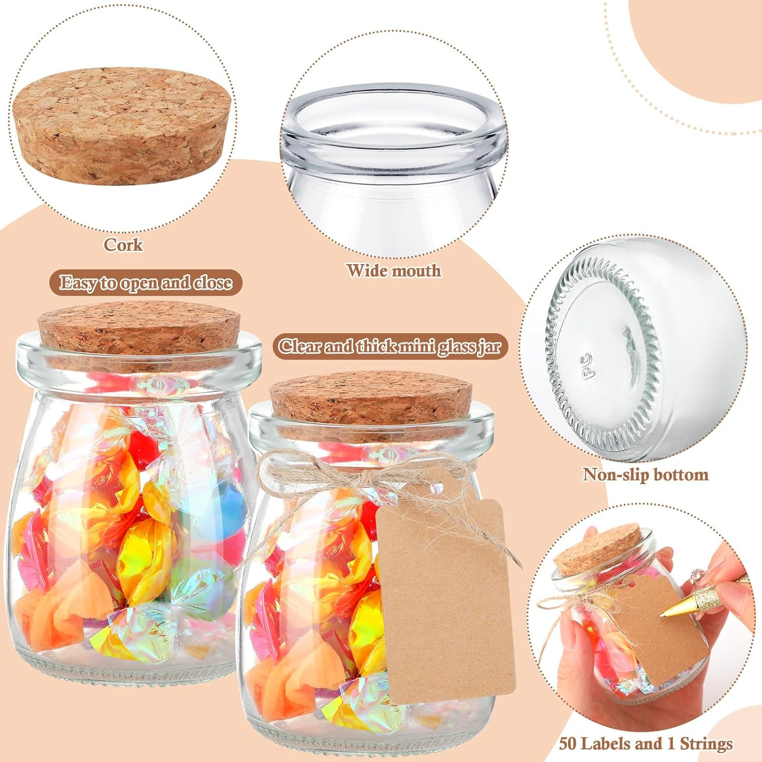 50 Pack Glass Favor Jars with Cork Lid 3.4 Oz Small Glass Bottles Jars