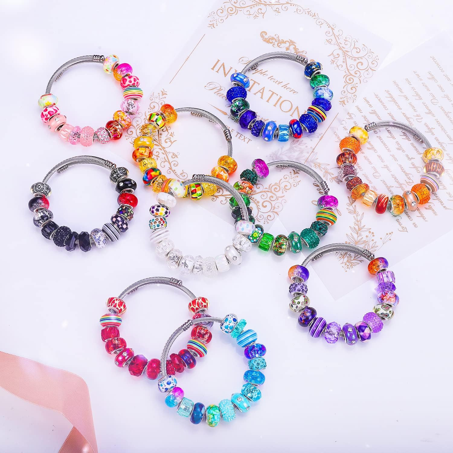 240 Pieces Assorted European Craft Beads Large Hole Lampwork Spacer Beads Colorf