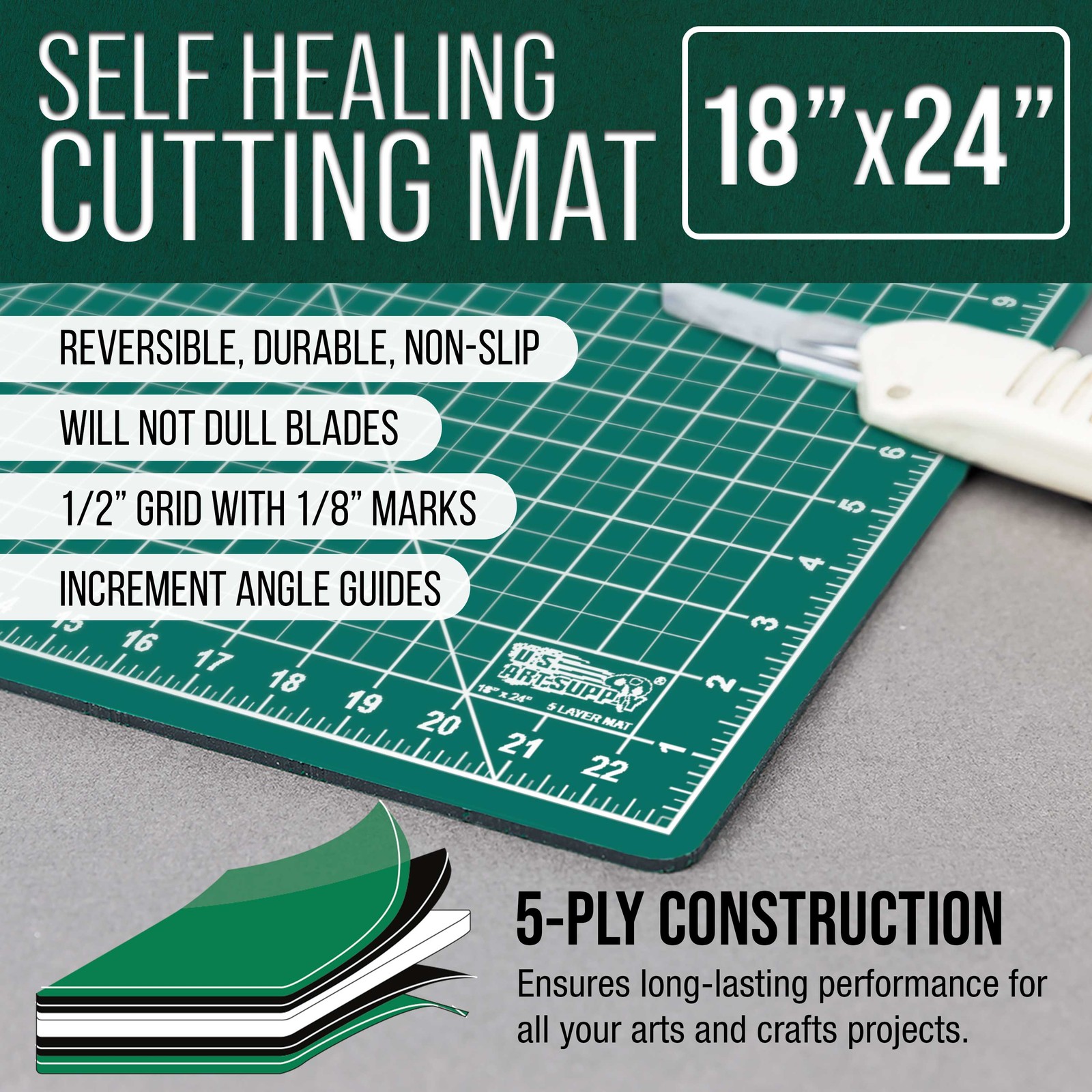 18″ x 24″ GREEN/BLACK Self Healing 5-Ply Double Sided Durable Cutting Mat