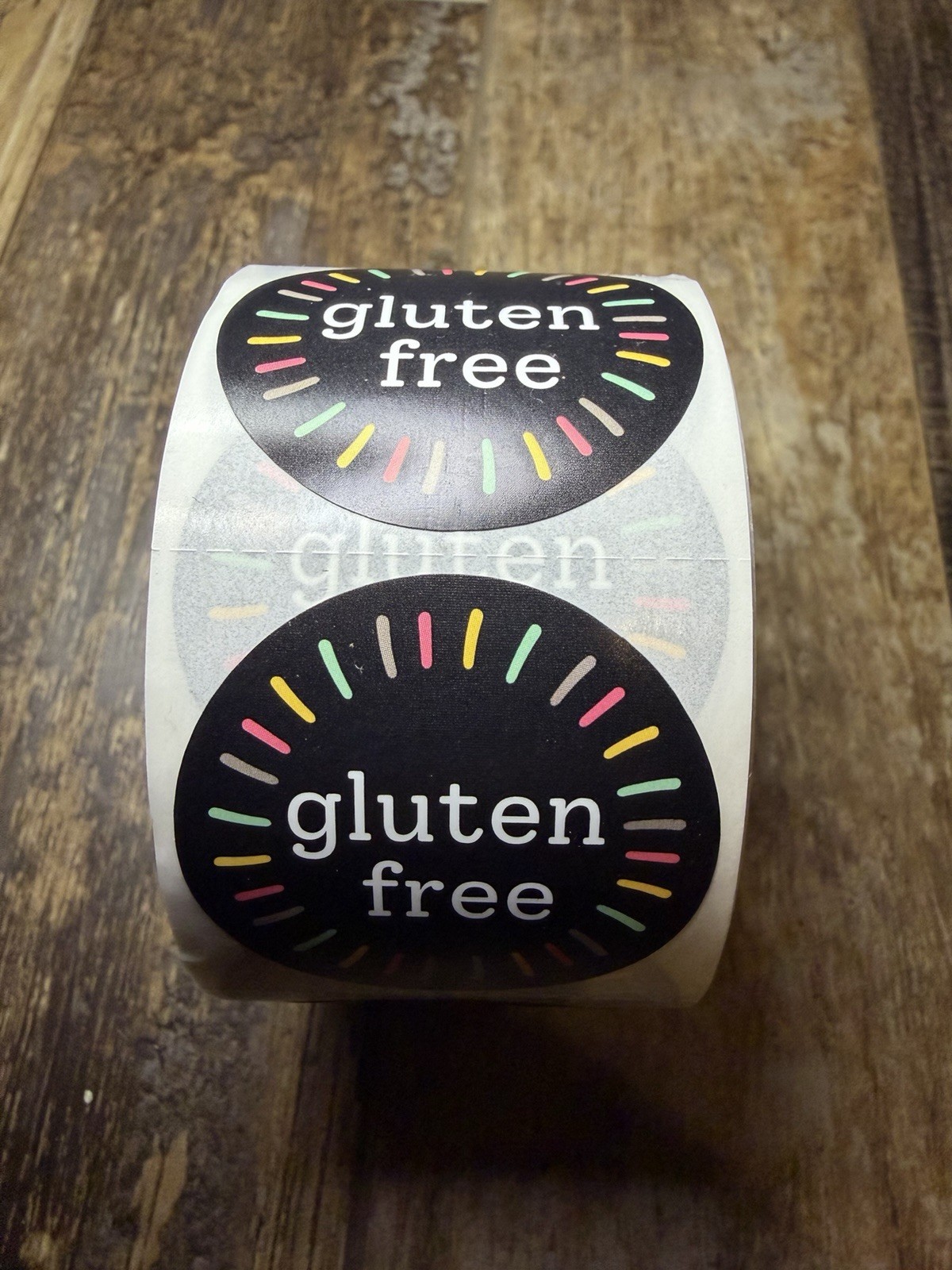 Gluten Free Round Sticker Labels Roll Black Multicolor Food Packaging Approx 200