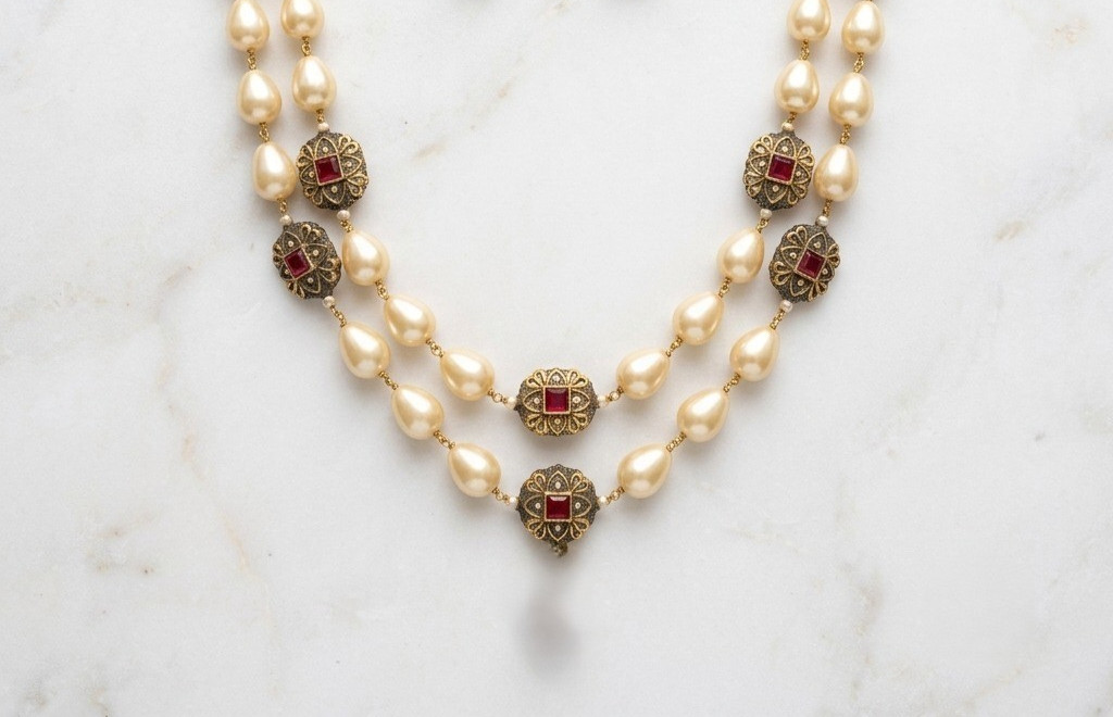 Luxury 2 Layer Pearl Beaded Necklace Set Gold Tone Ruby Floral Earrings Women