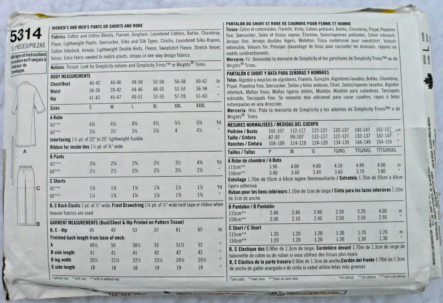 Simplicity 2 hour Pattern 5314 Unisex Adult Pajama Pants Shorts Bath Robe S~XXXL