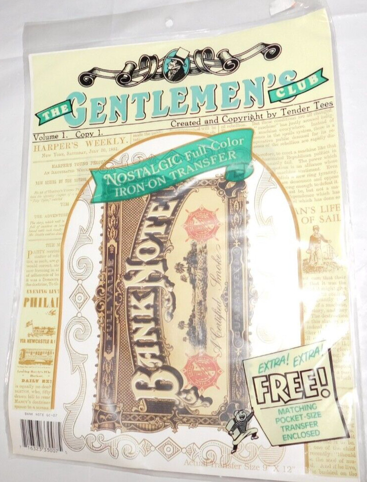 TENDER TEES IRON ON TRANSFER “BANK NOTE CIGAR” Gentlemen’s Club Vtg 1992 NEW NOS