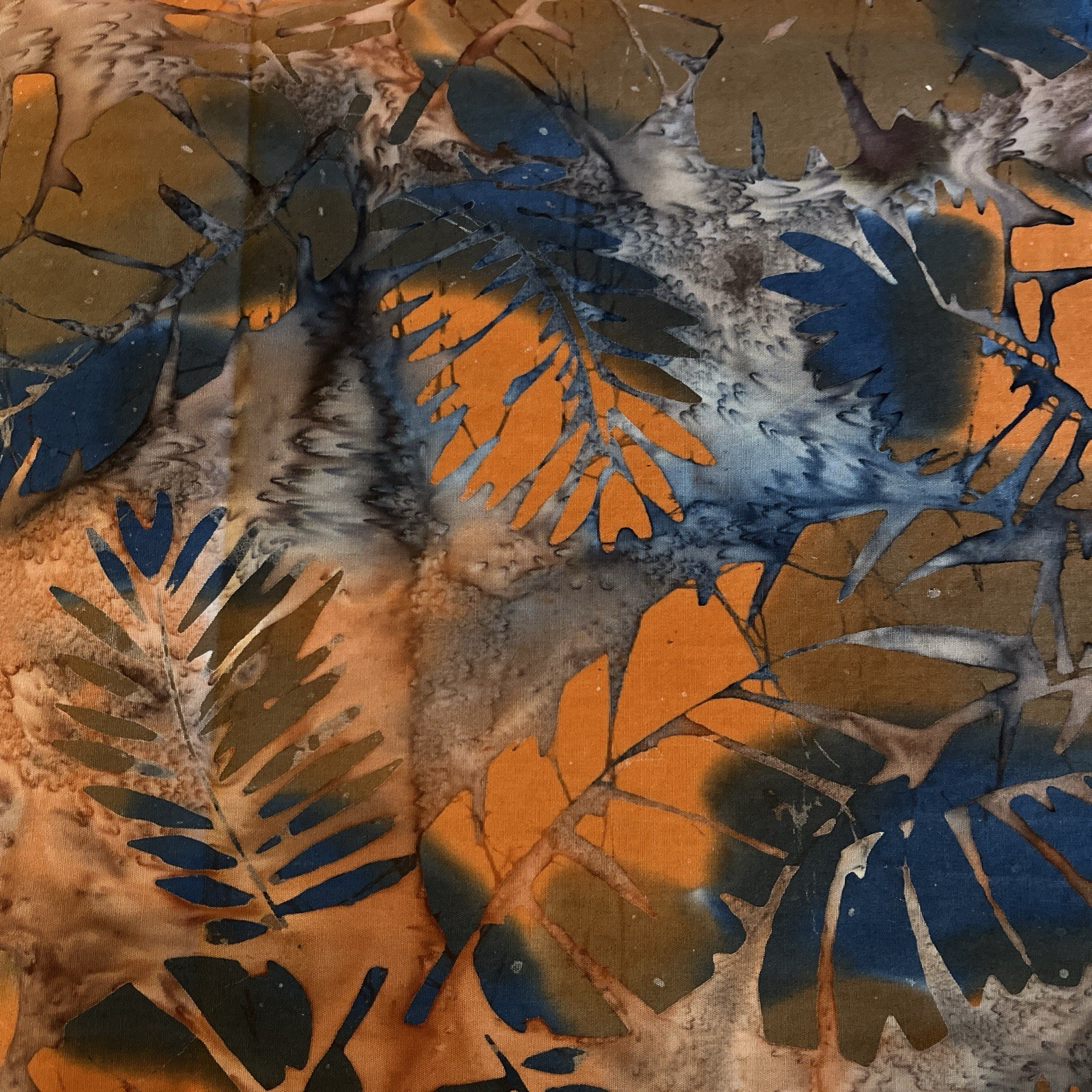 Paradise Tropical Orange Blue Large Leaves Batik Fabri Quilt 2.5 Yards